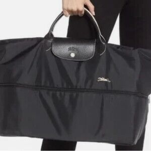 NWOT Longchamp Le Pliage Club Expandable Travel Duffle Crossbody-Black w/ Black